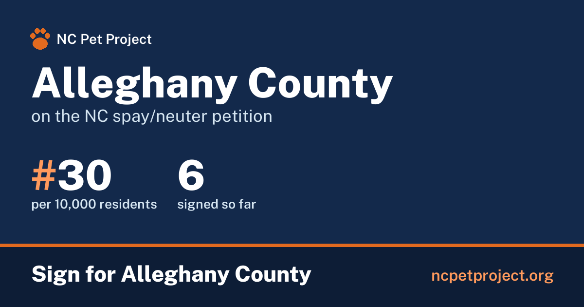 Alleghany County's live place on the NC spay/neuter petition leaderboard. Sign for Alleghany County at ncpetproject.org.