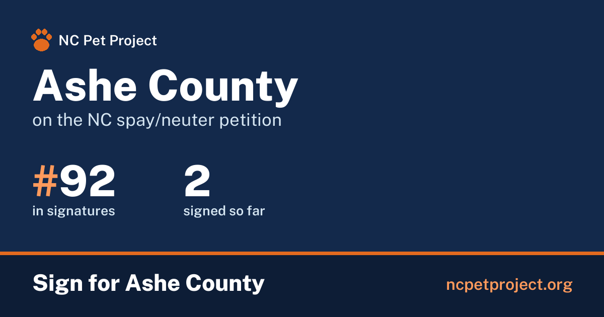 Ashe County's live place on the NC spay/neuter petition leaderboard. Sign for Ashe County at ncpetproject.org.