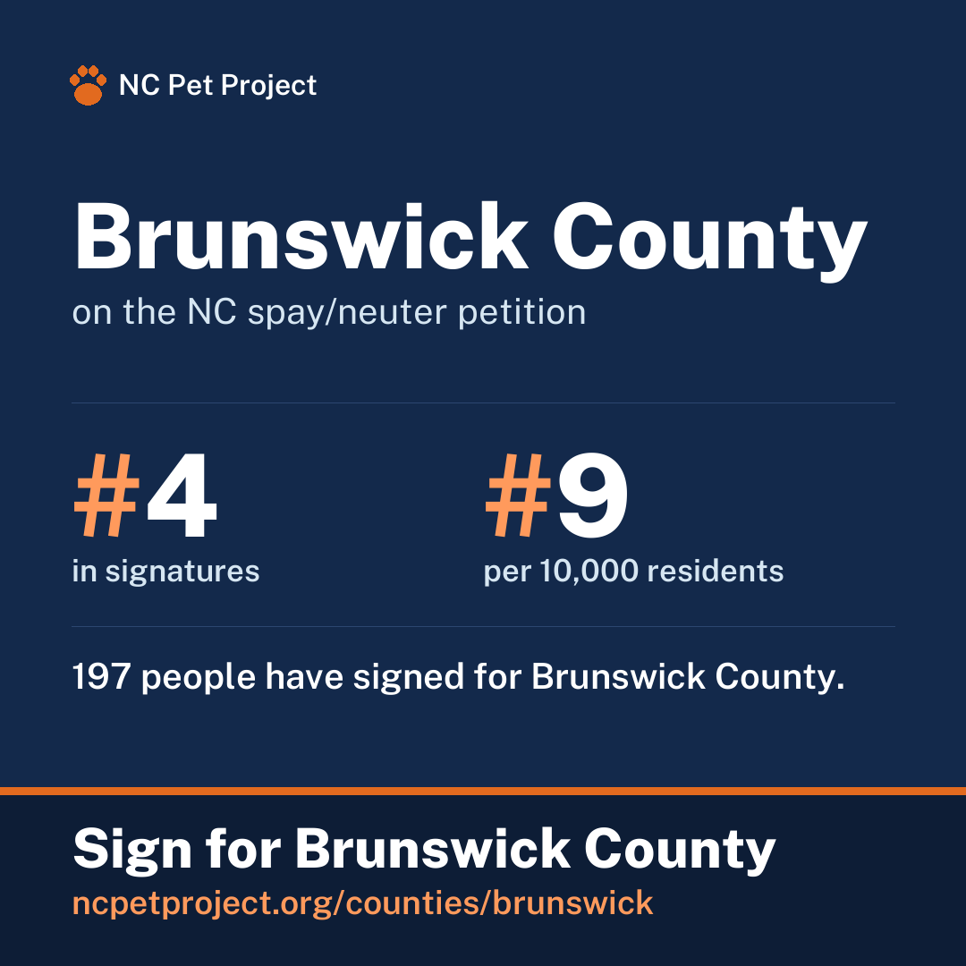 Brunswick County's live place on the NC spay/neuter petition leaderboard. Sign for Brunswick County at ncpetproject.org.