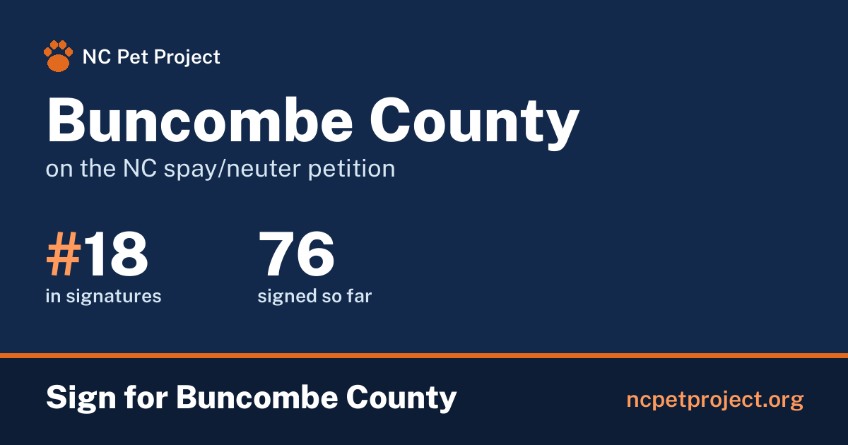 Buncombe County's live place on the NC spay/neuter petition leaderboard. Sign for Buncombe County at ncpetproject.org.