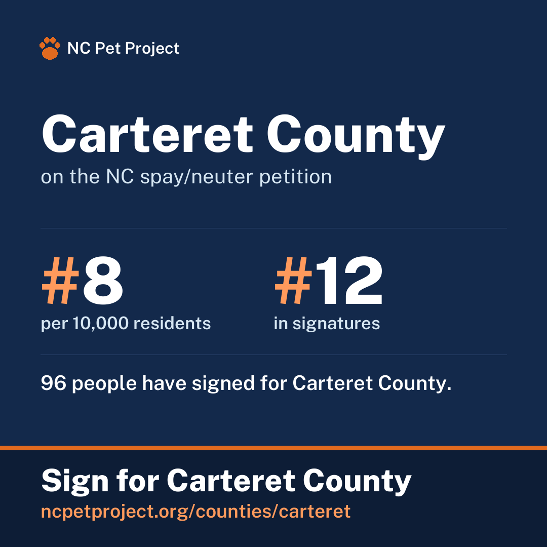 Carteret County's live place on the NC spay/neuter petition leaderboard. Sign for Carteret County at ncpetproject.org.