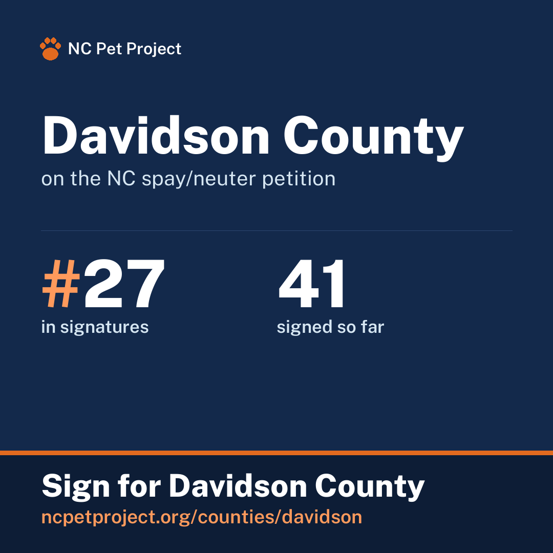 Davidson County's live place on the NC spay/neuter petition leaderboard. Sign for Davidson County at ncpetproject.org.