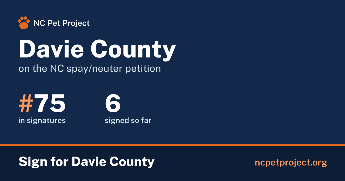 Davie County's live place on the NC spay/neuter petition leaderboard. Sign for Davie County at ncpetproject.org.