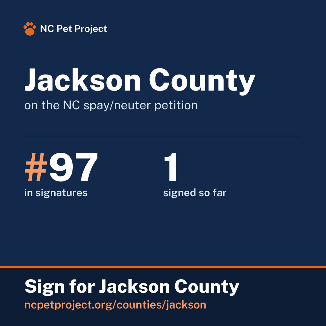Jackson County's live place on the NC spay/neuter petition leaderboard. Sign for Jackson County at ncpetproject.org.