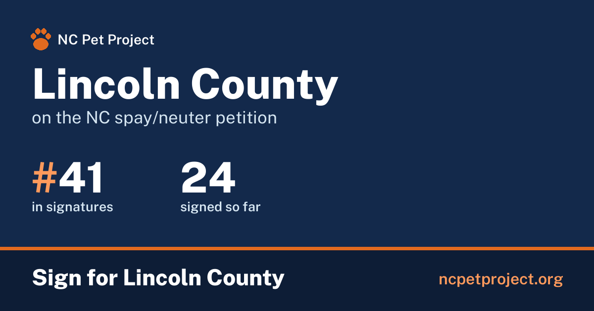 Lincoln County's live place on the NC spay/neuter petition leaderboard. Sign for Lincoln County at ncpetproject.org.