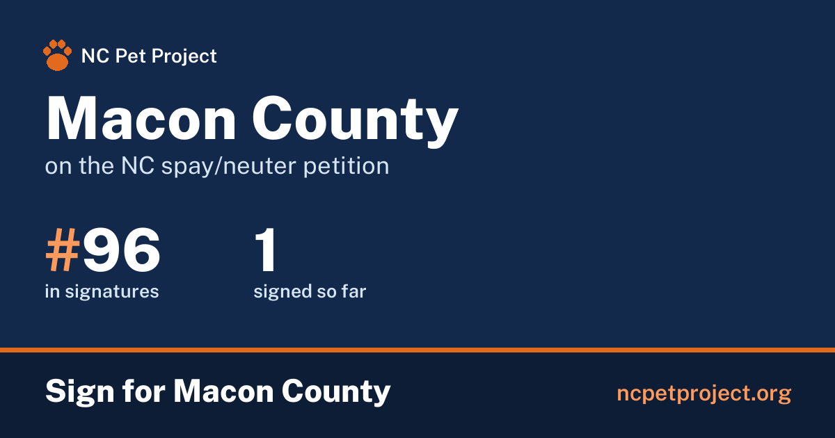 Macon County's live place on the NC spay/neuter petition leaderboard. Sign for Macon County at ncpetproject.org.
