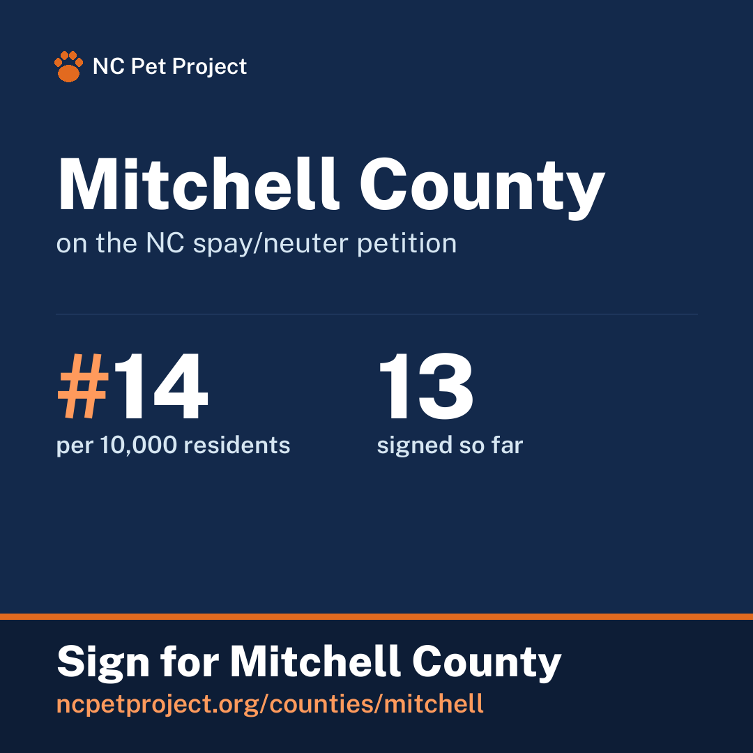 Mitchell County's live place on the NC spay/neuter petition leaderboard. Sign for Mitchell County at ncpetproject.org.