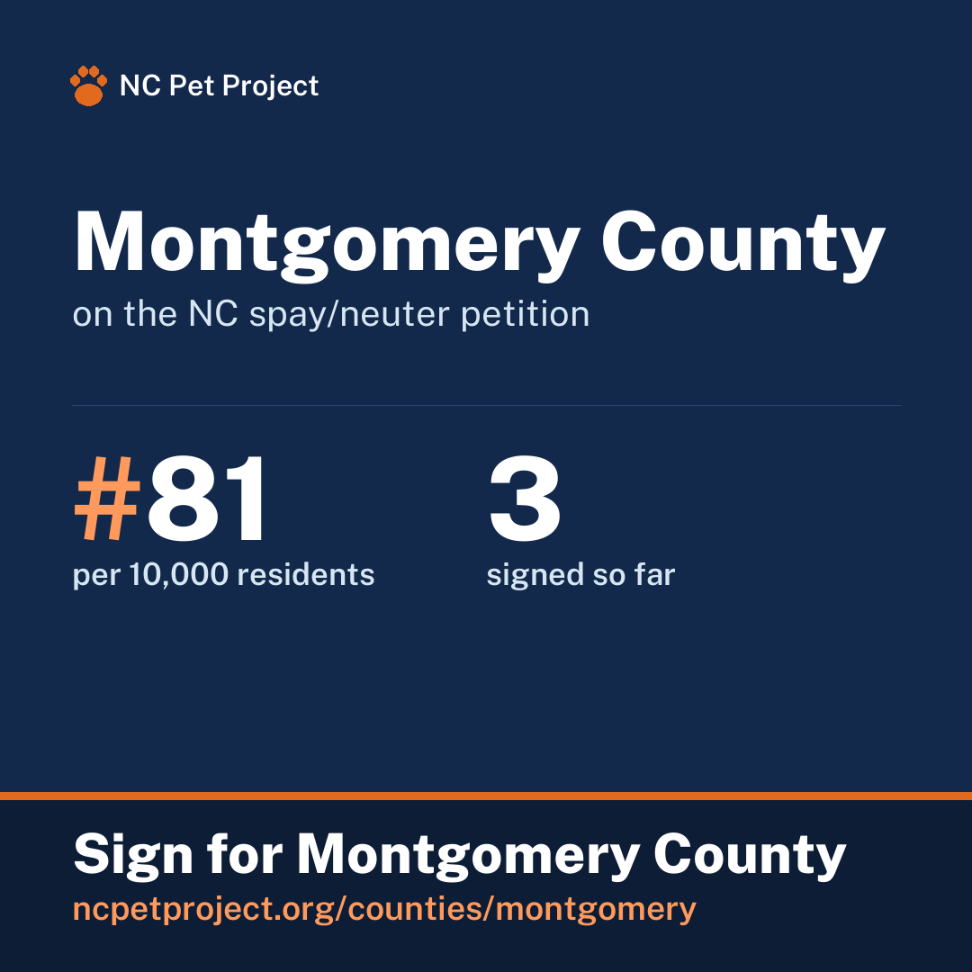 Montgomery County's live place on the NC spay/neuter petition leaderboard. Sign for Montgomery County at ncpetproject.org.