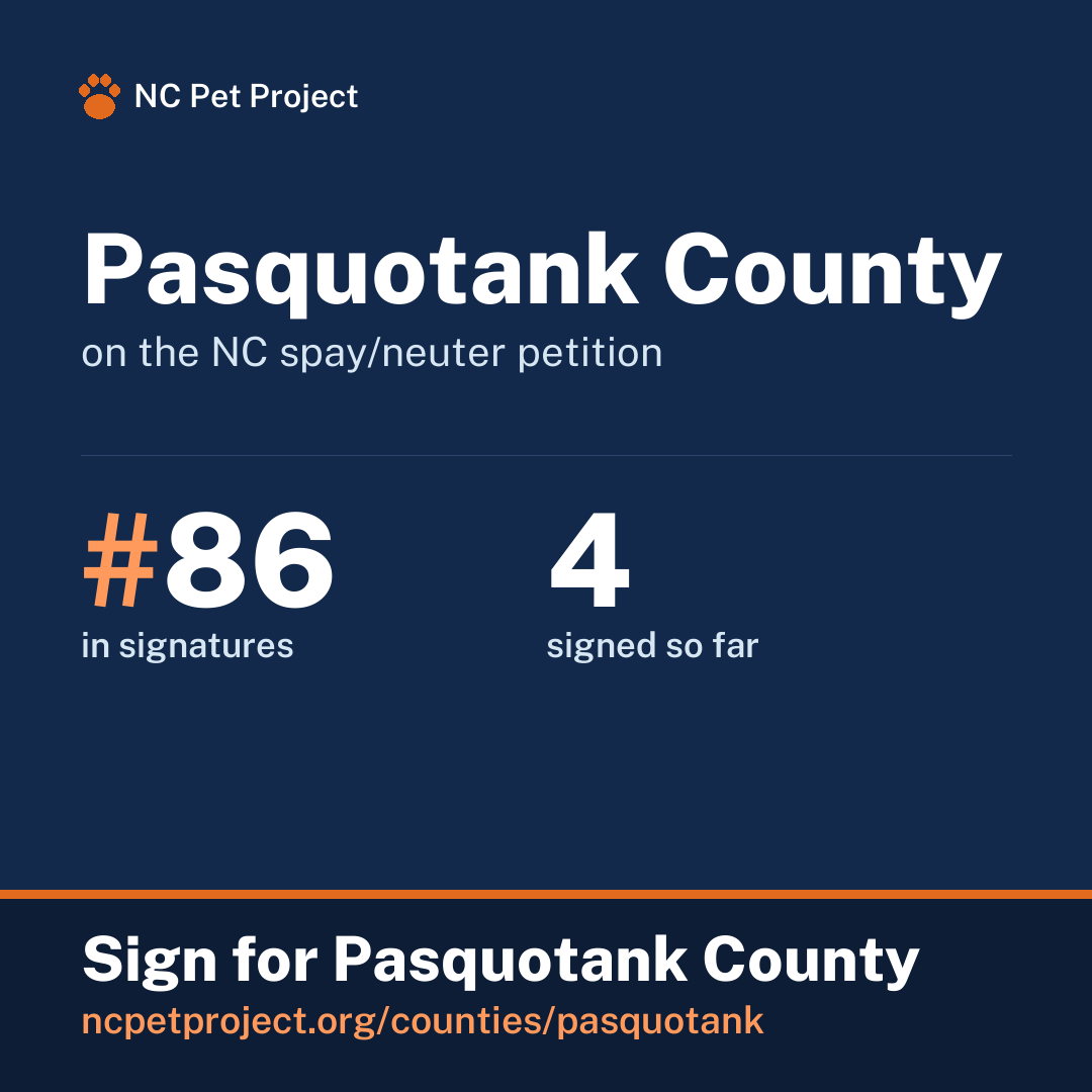 Pasquotank County's live place on the NC spay/neuter petition leaderboard. Sign for Pasquotank County at ncpetproject.org.