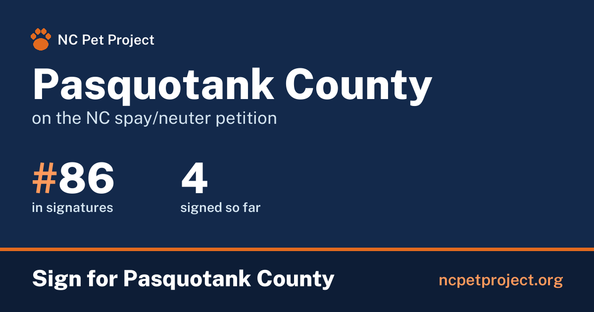 Pasquotank County's live place on the NC spay/neuter petition leaderboard. Sign for Pasquotank County at ncpetproject.org.