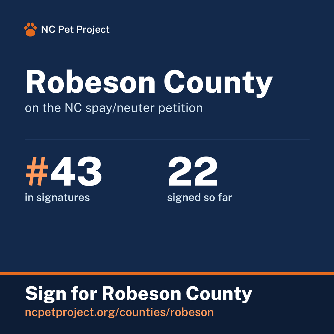 Robeson County's live place on the NC spay/neuter petition leaderboard. Sign for Robeson County at ncpetproject.org.