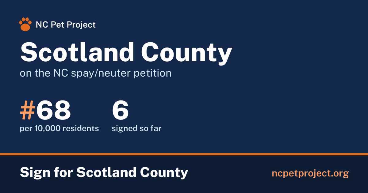 Scotland County's live place on the NC spay/neuter petition leaderboard. Sign for Scotland County at ncpetproject.org.