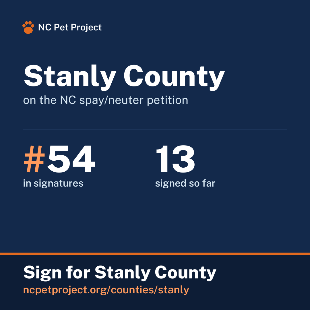 Stanly County's live place on the NC spay/neuter petition leaderboard. Sign for Stanly County at ncpetproject.org.