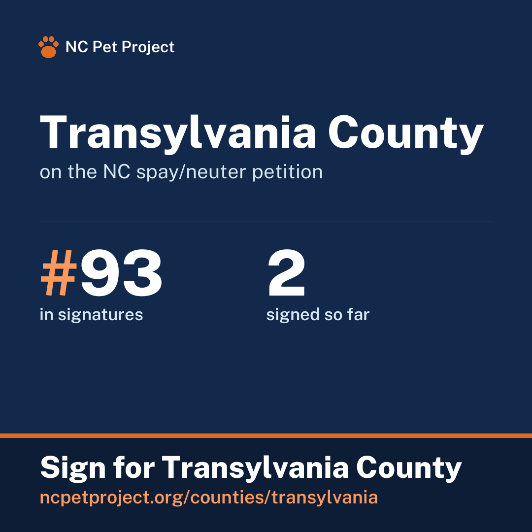Transylvania County's live place on the NC spay/neuter petition leaderboard. Sign for Transylvania County at ncpetproject.org.