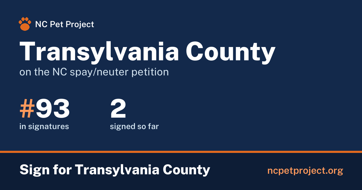 Transylvania County's live place on the NC spay/neuter petition leaderboard. Sign for Transylvania County at ncpetproject.org.