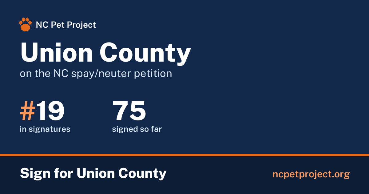 Union County's live place on the NC spay/neuter petition leaderboard. Sign for Union County at ncpetproject.org.