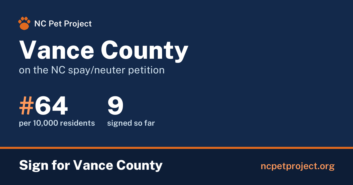 Vance County's live place on the NC spay/neuter petition leaderboard. Sign for Vance County at ncpetproject.org.