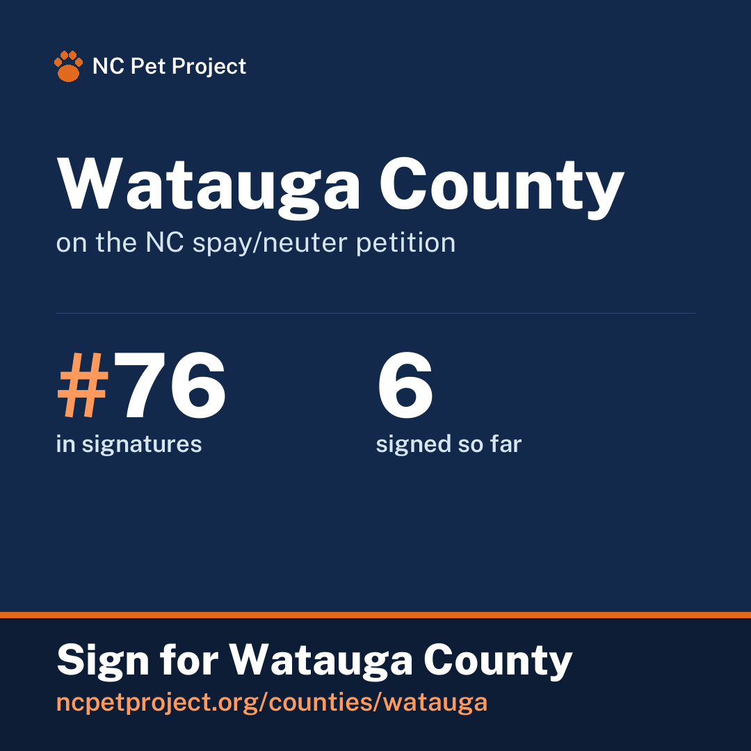 Watauga County's live place on the NC spay/neuter petition leaderboard. Sign for Watauga County at ncpetproject.org.