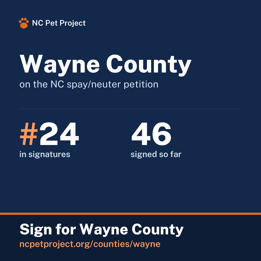 Wayne County's live place on the NC spay/neuter petition leaderboard. Sign for Wayne County at ncpetproject.org.