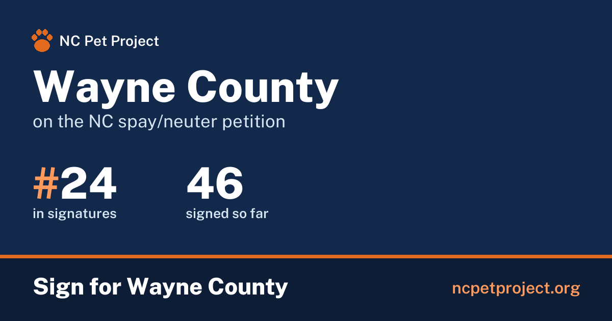 Wayne County's live place on the NC spay/neuter petition leaderboard. Sign for Wayne County at ncpetproject.org.