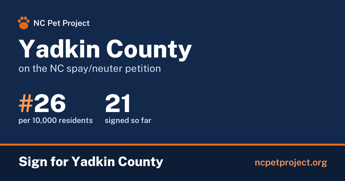 Yadkin County's live place on the NC spay/neuter petition leaderboard. Sign for Yadkin County at ncpetproject.org.