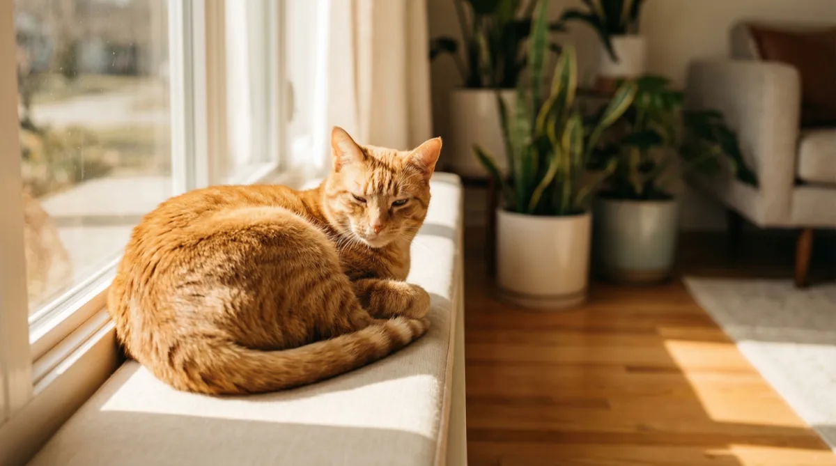 A curious tabby cat lies relaxed with wide bright eyes, representing a healthy neutered cat with improved behavior and longer lifespan