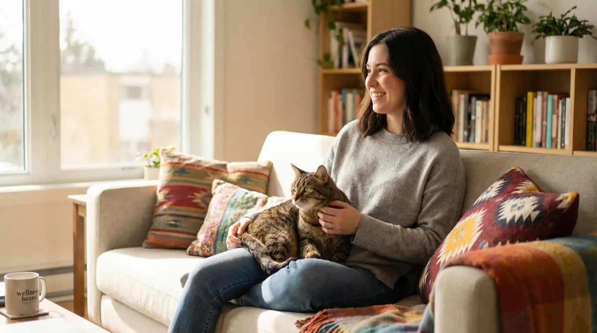 A smiling woman gently holds a tabby cat near a sunlit window, showing the bond between an owner and her healthy neutered pet