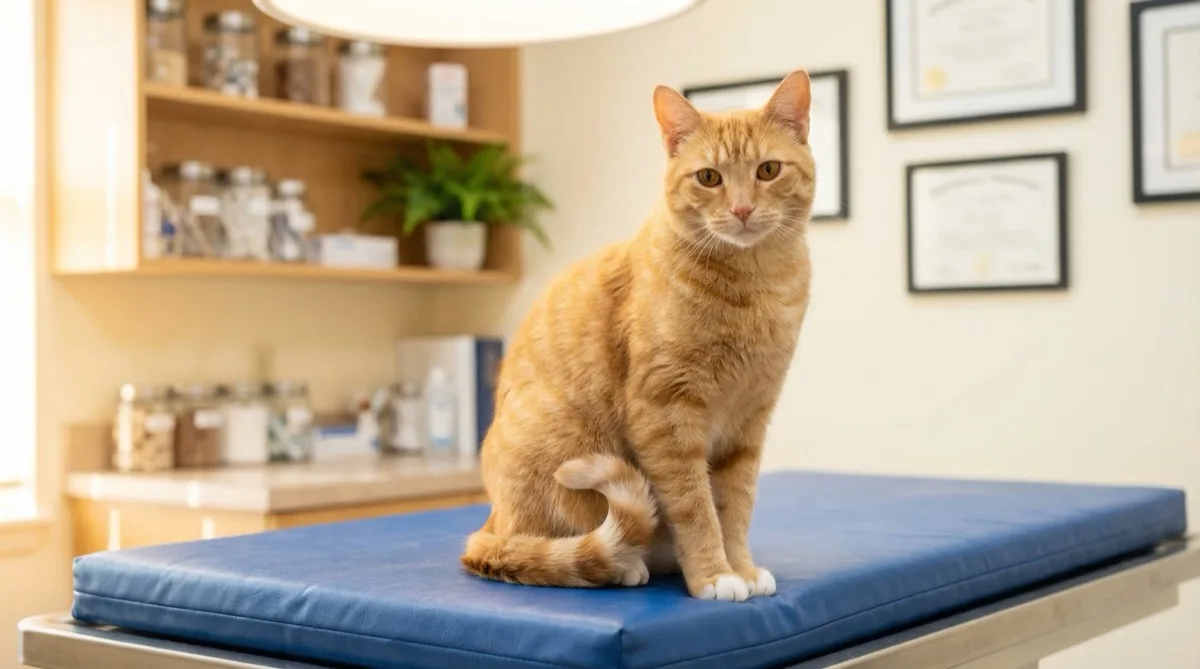 A relaxed orange tabby cat with bright amber eyes sitting calmly on a padded surface in a modern veterinary clinic