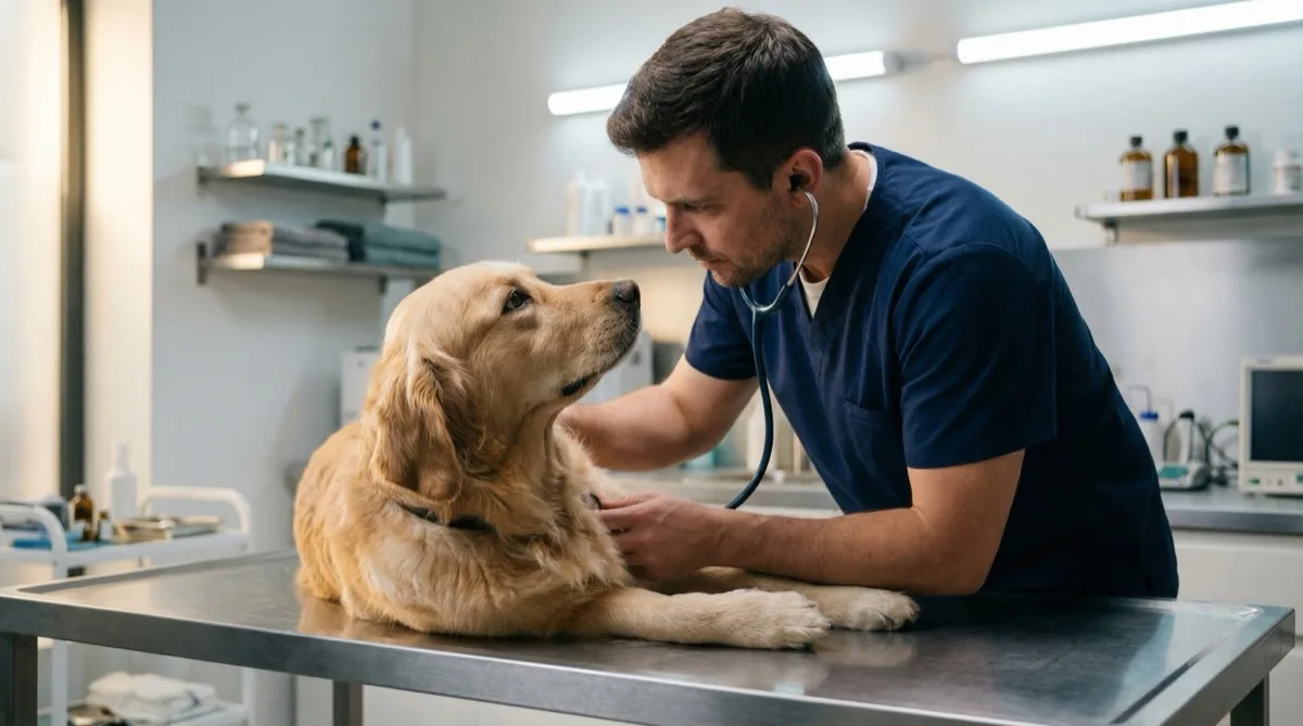 A veterinarian in navy scrubs examines a calm golden retriever on a stainless steel exam table in a modern veterinary clinic