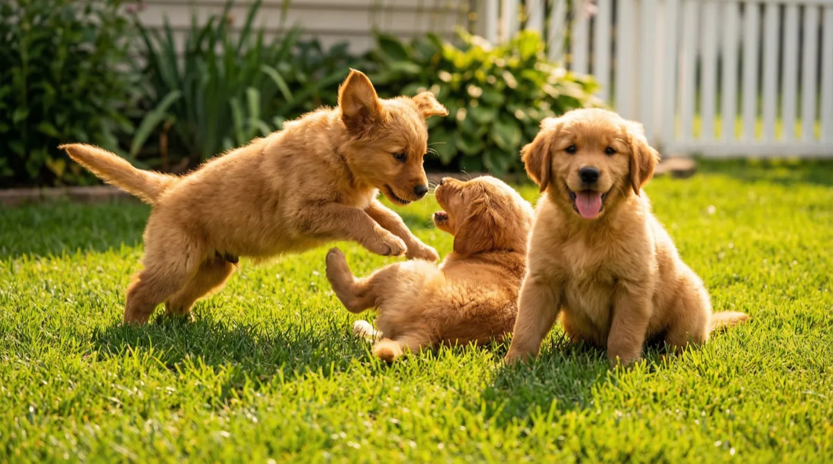 Golden retriever puppies playing outdoors, illustrating the importance of breed-specific spay/neuter timing guidelines for large dogs