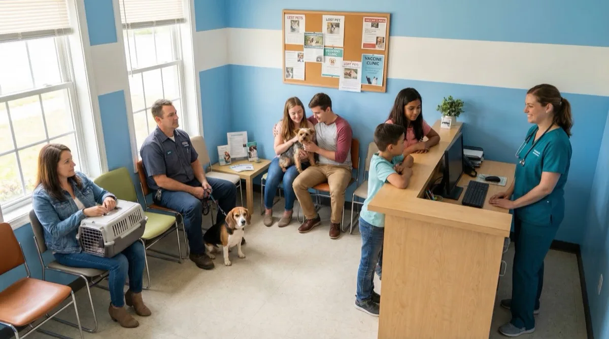 A welcoming low-cost community veterinary clinic waiting room with pet owners seated with their dogs and a volunteer in teal scrubs at the reception desk