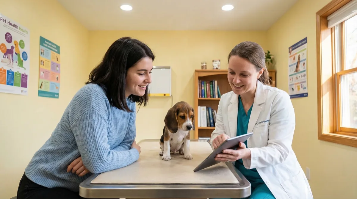 A pet owner in consultation with a veterinarian about their dog's upcoming spay procedure and optimal timing