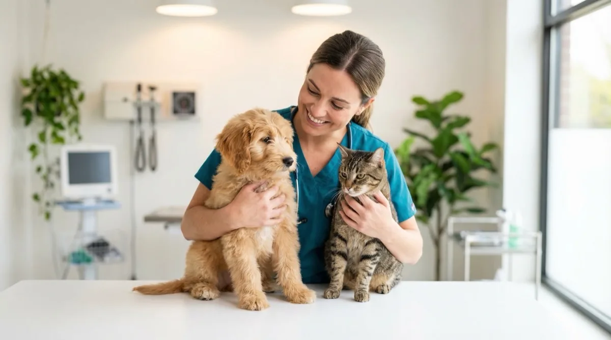 Two pet owners with their dog at a veterinary clinic for spay neuter consultation in North Carolina