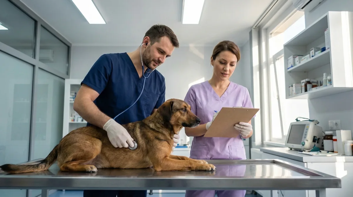A veterinary team professionally examines a dog prior to a spay procedure in a clinical setting