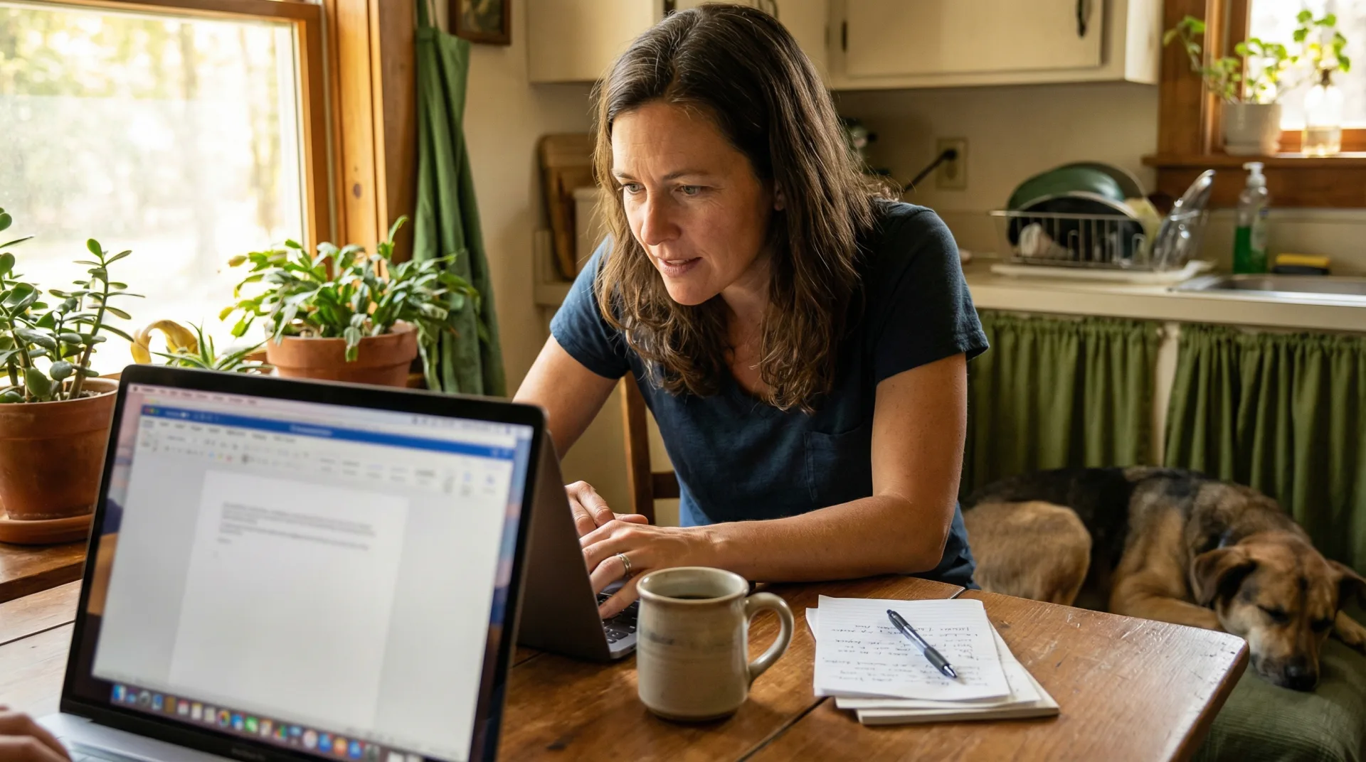 A North Carolina woman at her kitchen table types an email to her state representative on a laptop, with a rescue dog resting beside her in warm natural light streaming through a window