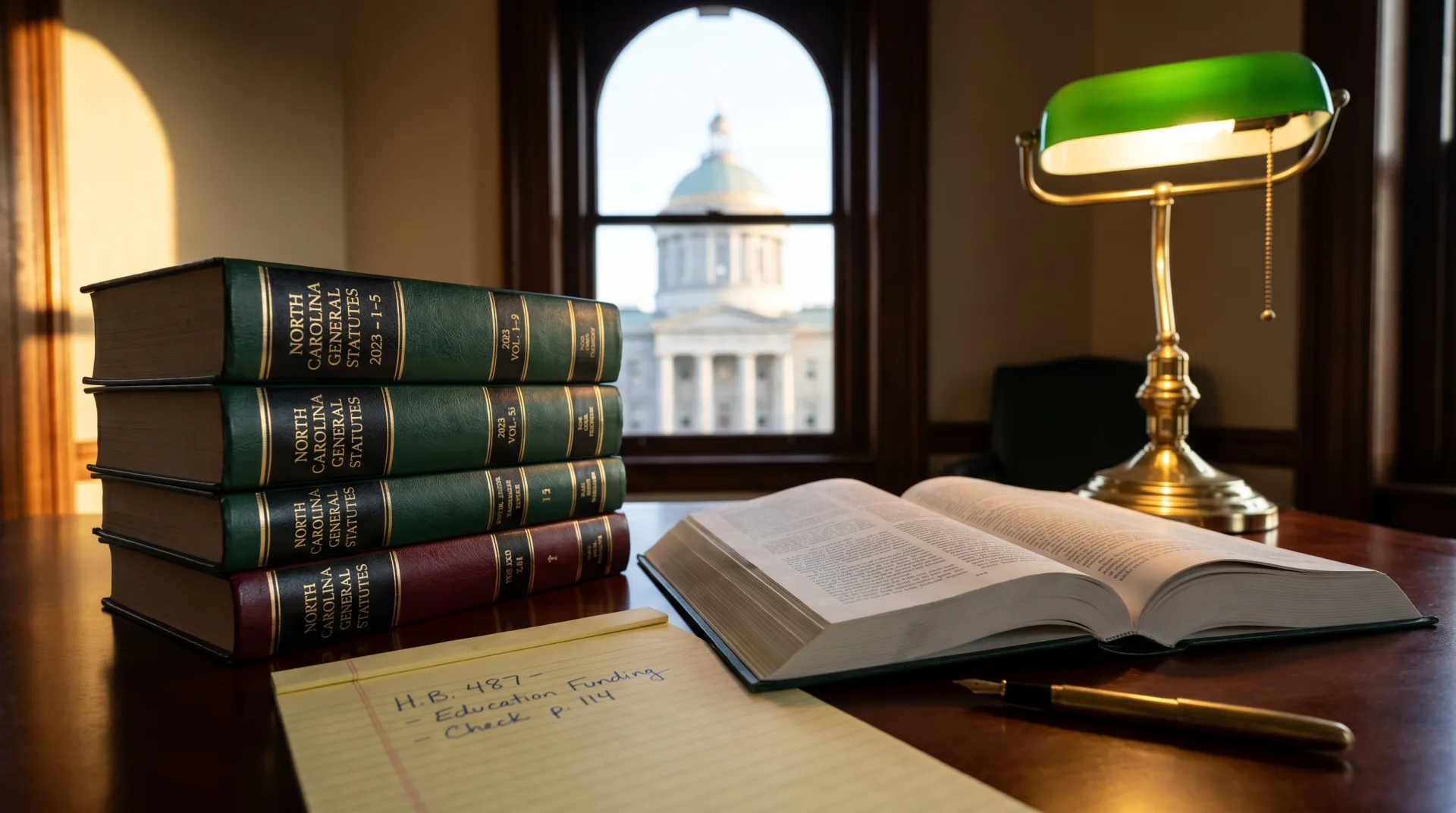 The dome of the North Carolina State Capitol building in Raleigh seen from below with a stack of state statute books and a legal pad resting on a desk in the foreground, warm late-afternoon light spilling across the scene