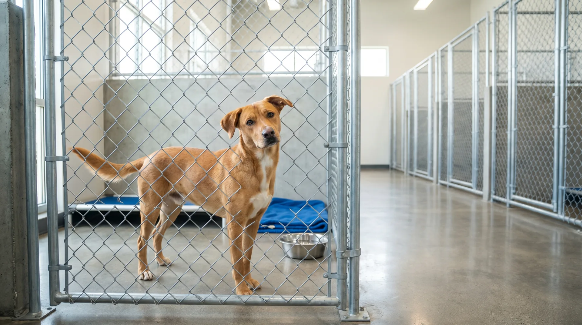 Interior of a clean and well-maintained commercial dog kennel with concrete flooring, open-air runs, ample natural daylight, and a healthy adult dog visible in one of the enclosures, conveying what an inspected and compliant facility looks like