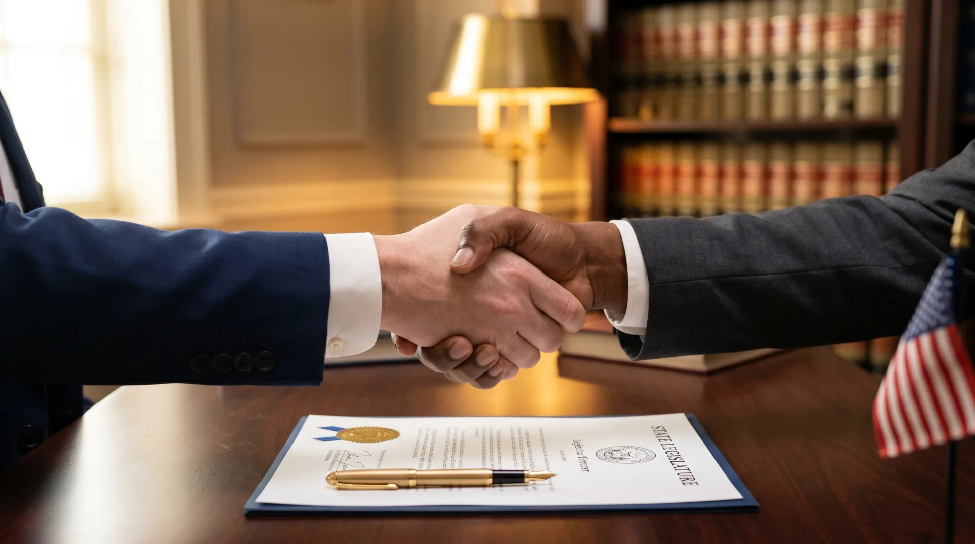 Two hands meeting over a wooden conference table in a well-lit legislative office, signed paperwork and a fountain pen resting between them, conveying a bipartisan agreement on animal welfare policy reform