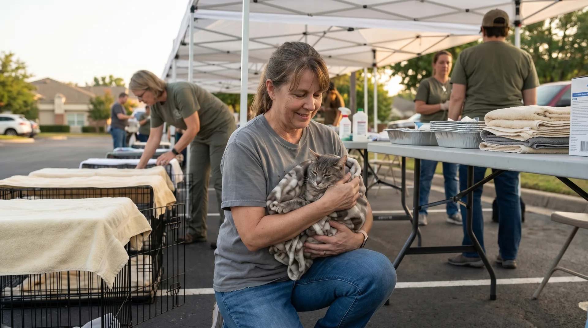 A volunteer holds a calm gray tabby cat after surgery at a community spay and neuter day event with other volunteers preparing recovery cages under white pop-up tents in a parking lot at golden hour