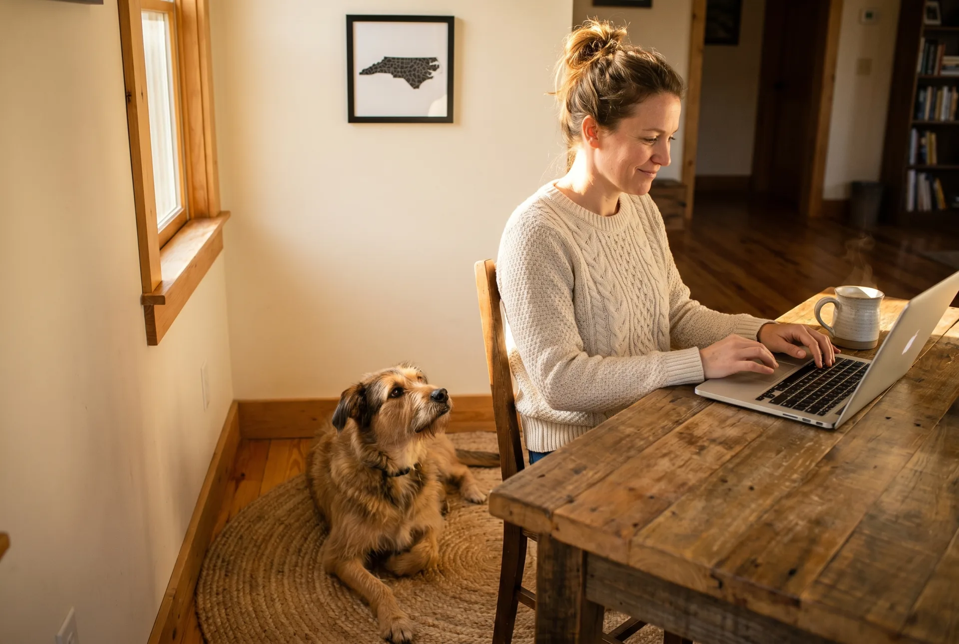 A North Carolina woman in a cream knit sweater sits at a reclaimed wood desk composing an email on a silver laptop, with a tan rescue dog resting on a jute rug beside her and a small framed outline map of North Carolina on the wall behind her in warm afternoon light