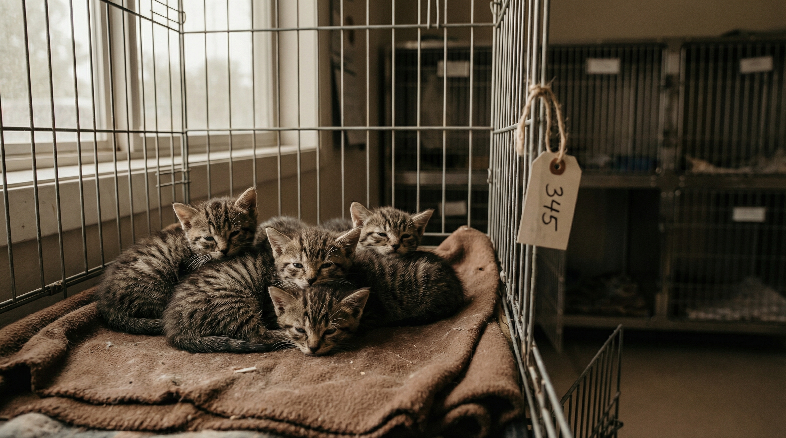 Four tiny tabby kittens huddled together on a brown fleece blanket inside a wire shelter cage with a numbered paper tag, soft natural light from a window, more cages visible in the background