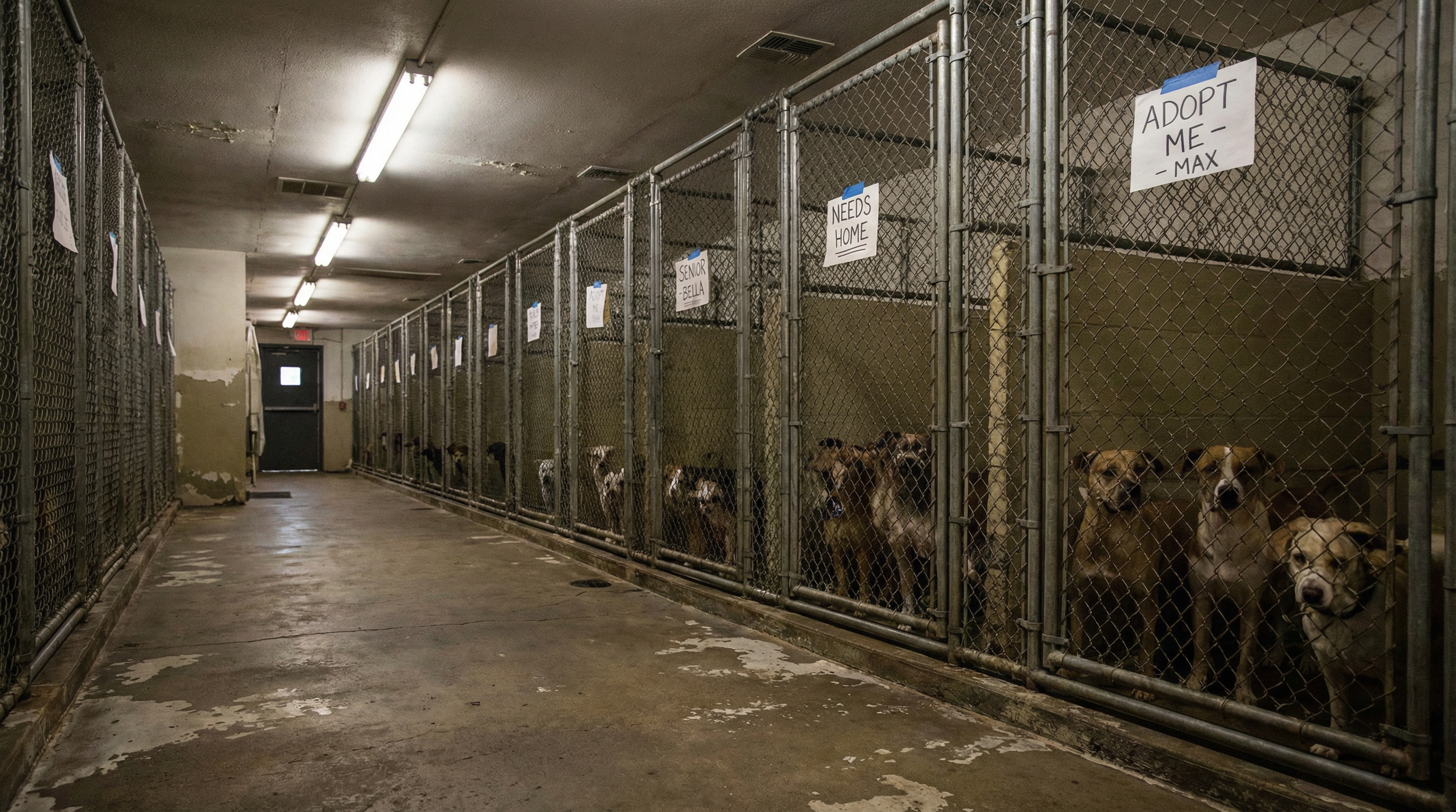 Inside an overcrowded animal shelter in North Carolina with chain-link kennels lining both sides of a long concrete corridor, each kennel holding multiple dogs looking out through the bars under harsh fluorescent lighting
