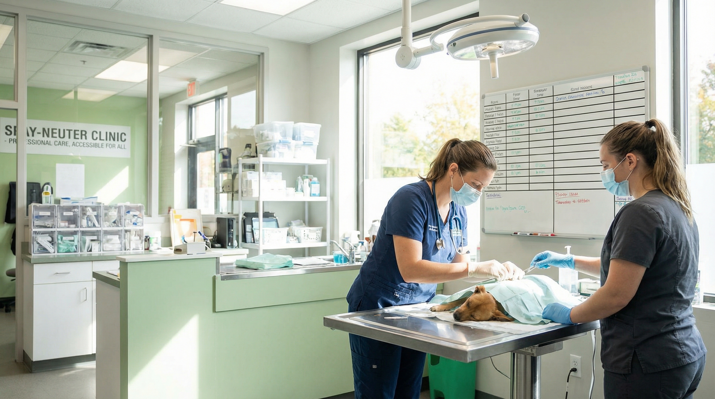 A veterinarian in blue scrubs and a technician perform a spay procedure on a small dog in a bright, modern low-cost spay-neuter clinic with medical supplies and a scheduling board visible in the background