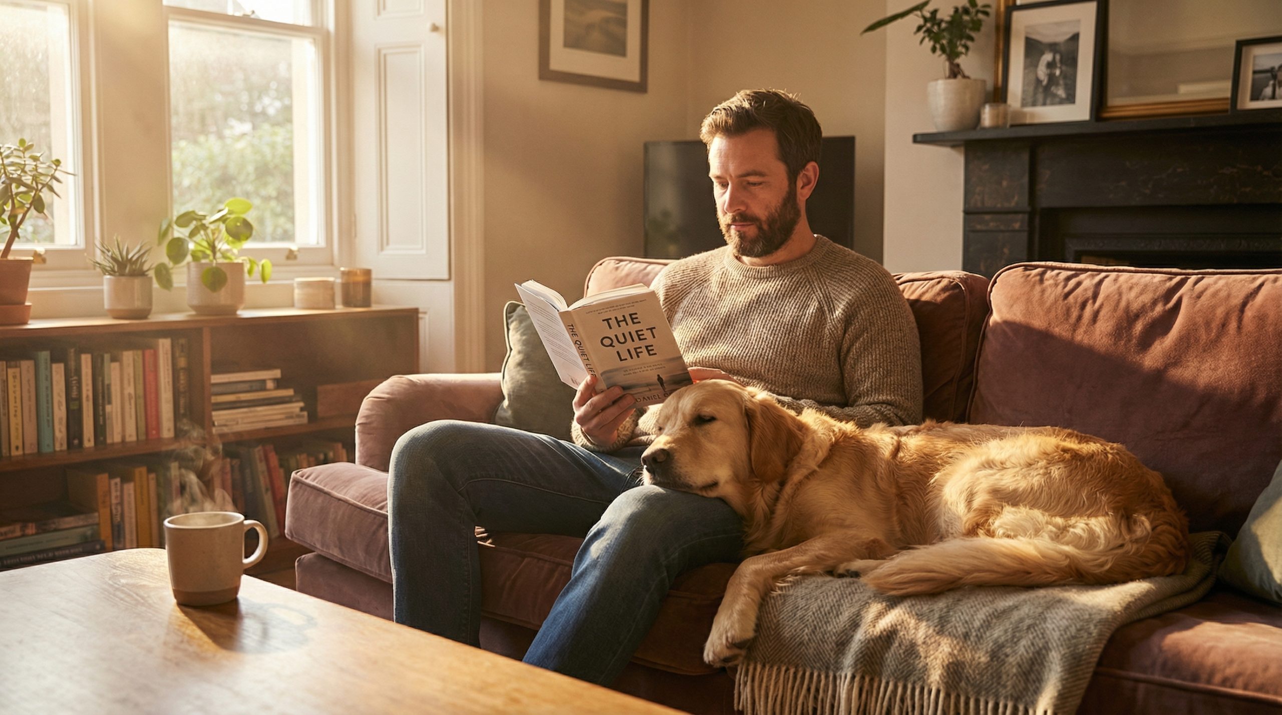 A calm golden retriever relaxes contentedly on a couch next to his owner, leaning against the man's leg in a peaceful afternoon living room