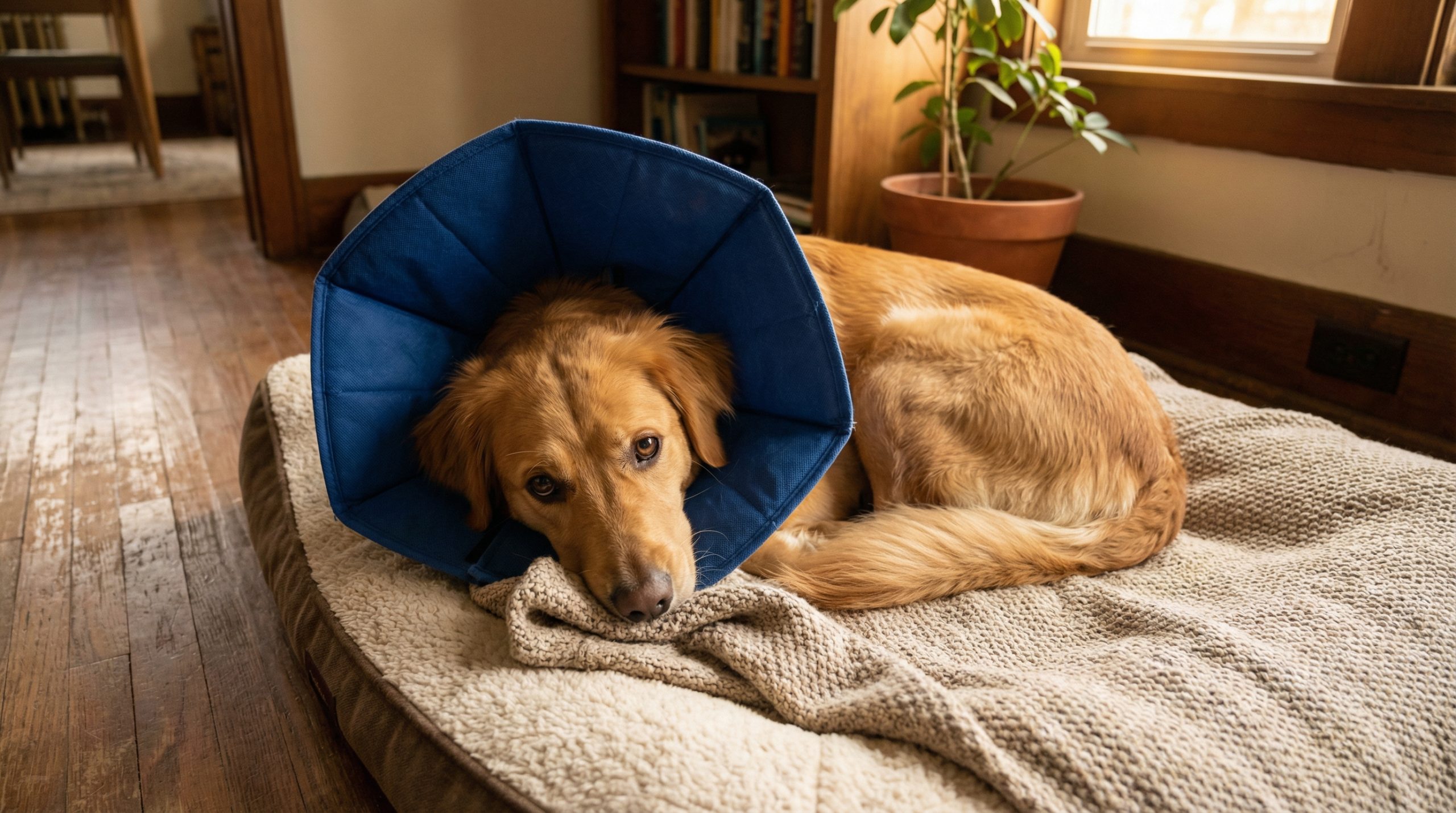 A medium-sized dog wearing a soft recovery cone rests calmly on its dog bed at home, looking up at the camera with relaxed, soft eyes