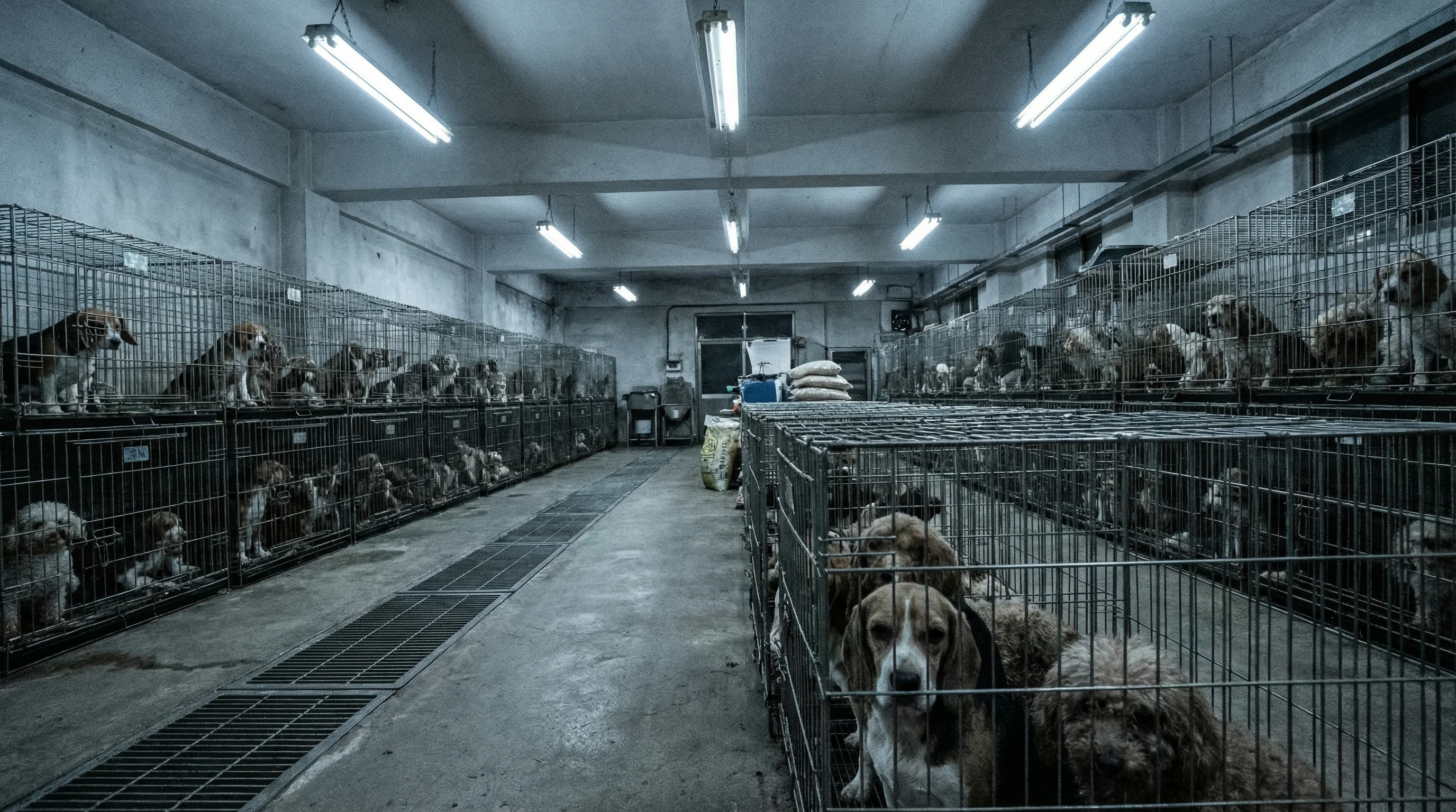 Interior of a large commercial dog breeding facility showing rows of stacked wire crates under fluorescent lighting, with dogs visible pressing against the mesh in a cramped industrial environment