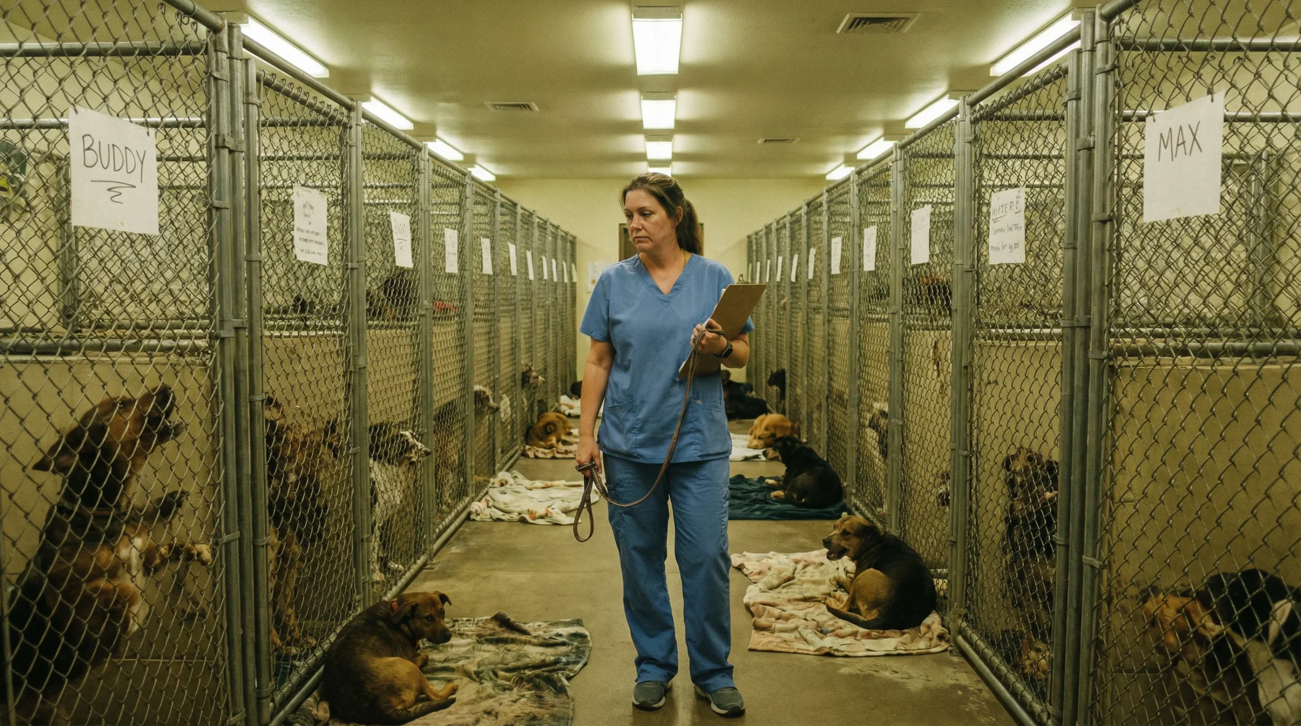 A shelter worker walks through a long corridor between rows of chain-link kennels holding multiple dogs at a crowded North Carolina animal shelter, fluorescent lighting overhead