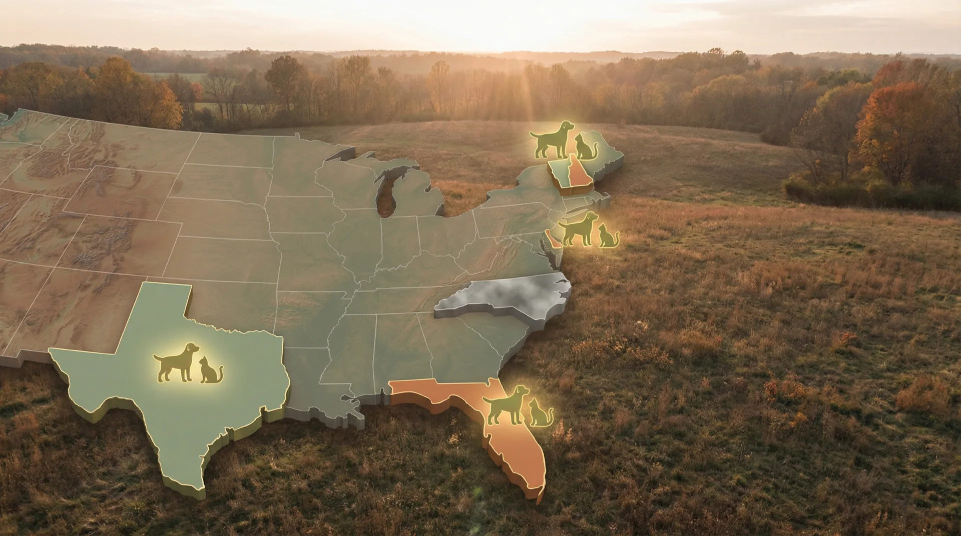 Stylized US Southeast map highlighting New Hampshire, Florida, Texas and Delaware with sunlit dog and cat icons while North Carolina is visibly muted in grey, symbolizing states that fund spay and neuter programs