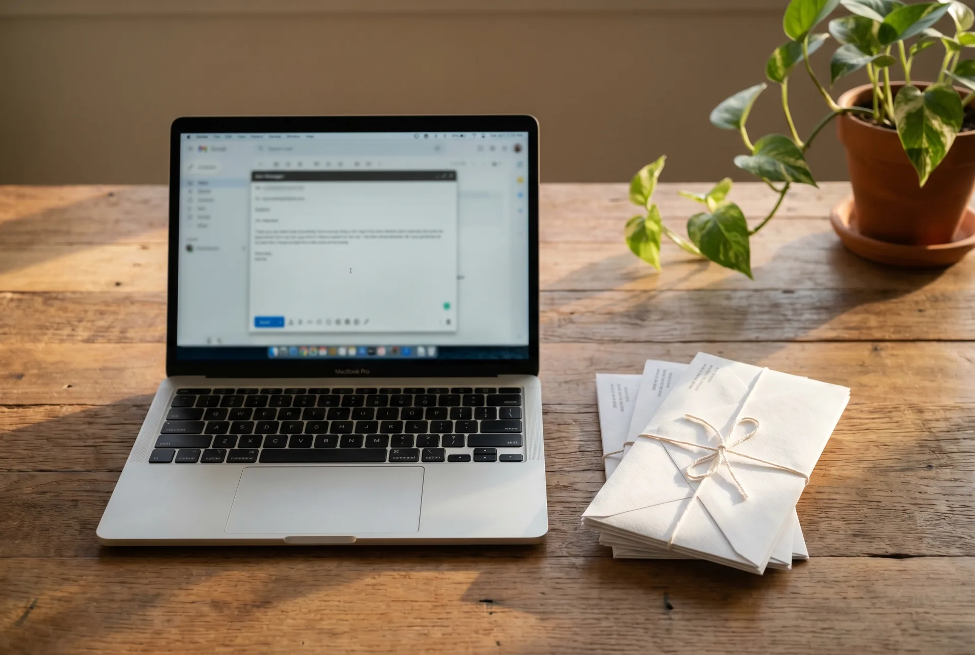 An open silver laptop on a warm wooden desk displays a drafted email composition window beside a small tied bundle of sealed white business envelopes with a potted pothos plant in the corner in soft morning light