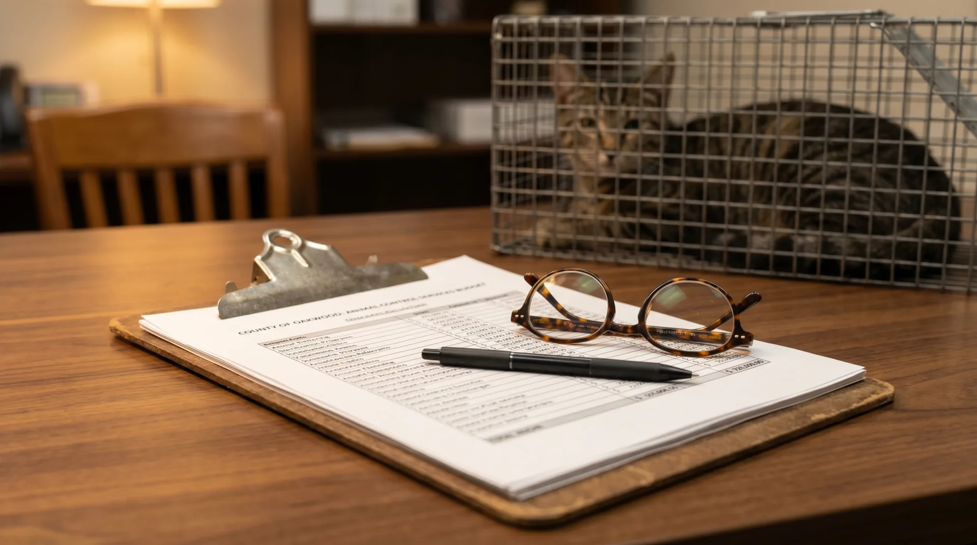 A close-up of a clipboard with a printed county budget spreadsheet, a pen and reading glasses resting on top, with a humane animal trap containing a softly blurred cat visible in the warm office lighting of the background, conveying the policy collision between county budgets and community cat populations